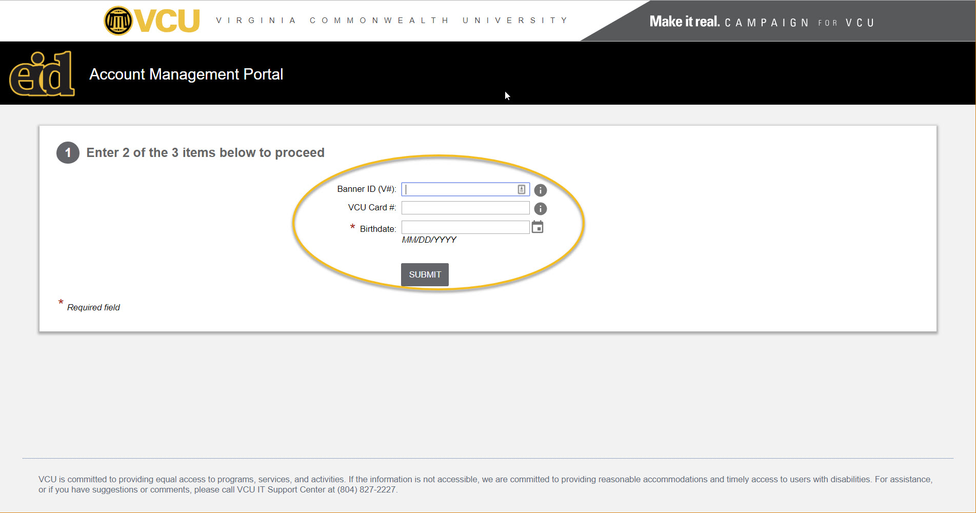 A screenshot of the VCU eID account Claim 