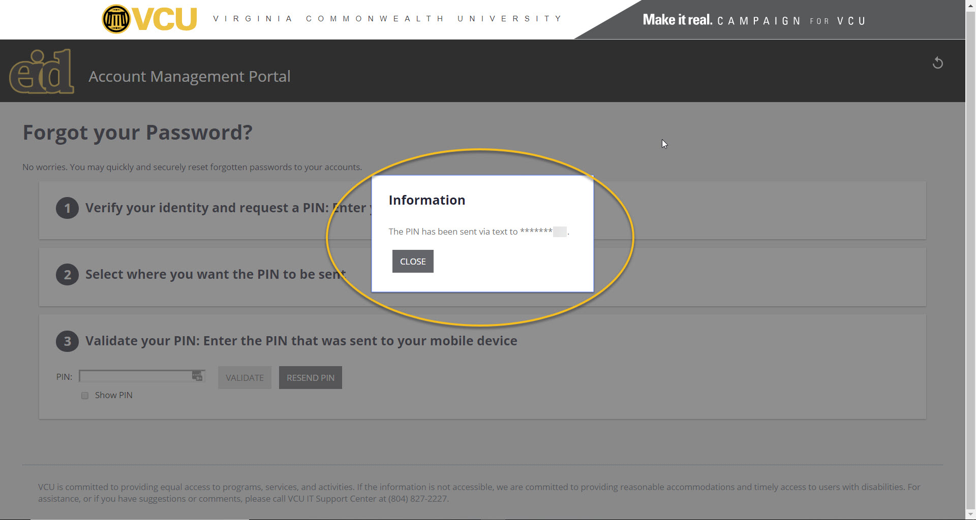 screenshot showing PIN sent confirmation