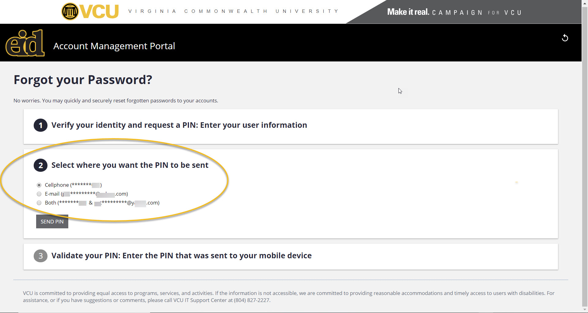 screenshot of options where PIN can be sent for password reset