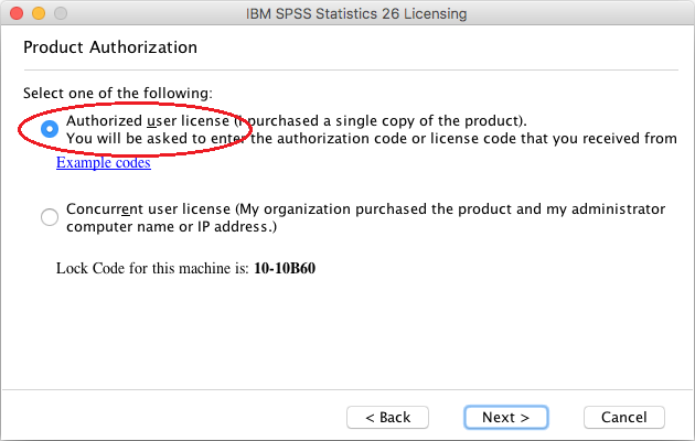 Product authorization screen for Windows SPSS 26 licensing.