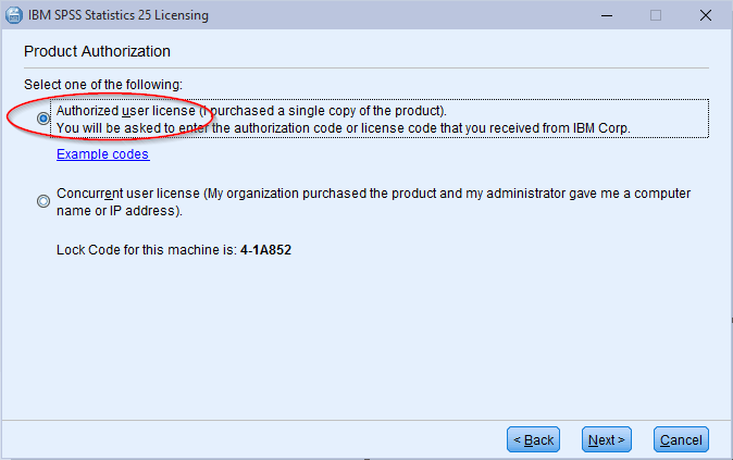 Product authorization screen for Windows SPSS 25 licensing.