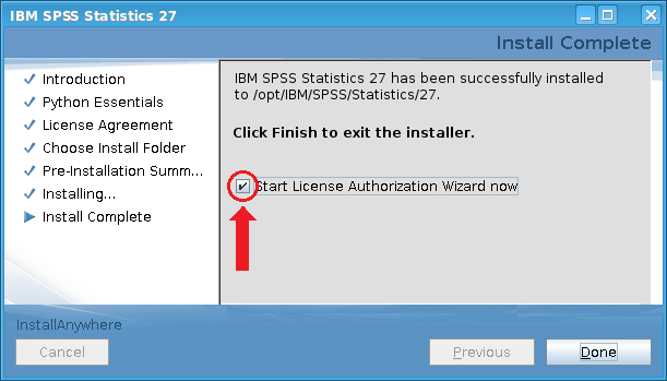 Final screen of Linux SPSS 27 installation.