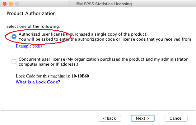 Product authorization screen for Mac SPSS 27 licensing.