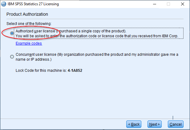 Product authorization screen for Windows SPSS 27 licensing.
