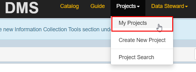 The DMS home page with the word 'My Project' highlighted in a red box.