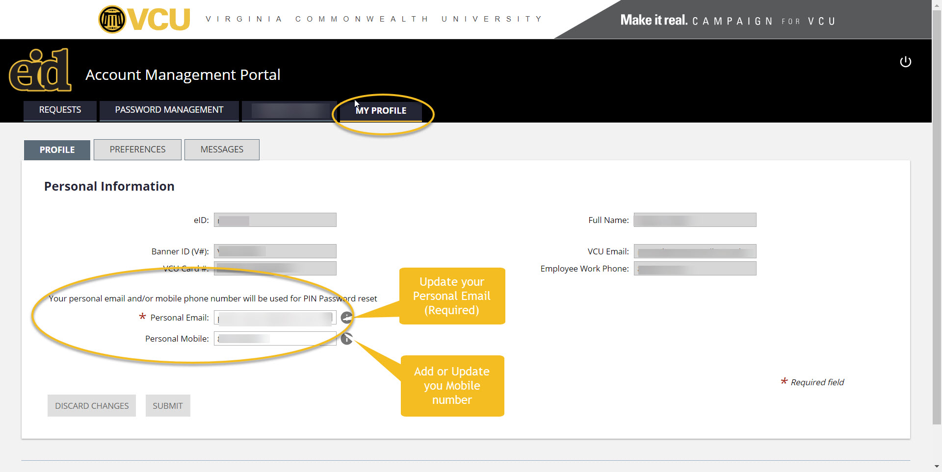 Screenshot of eID portal with My Profile showing where to enter data