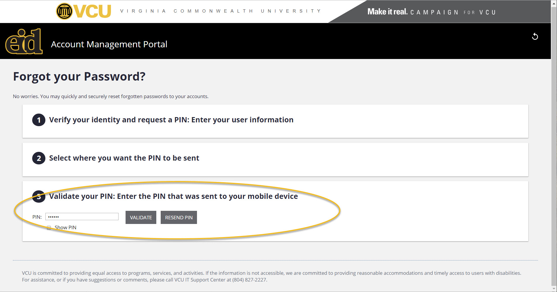 screenshot to enter PIN and validate it for password reset