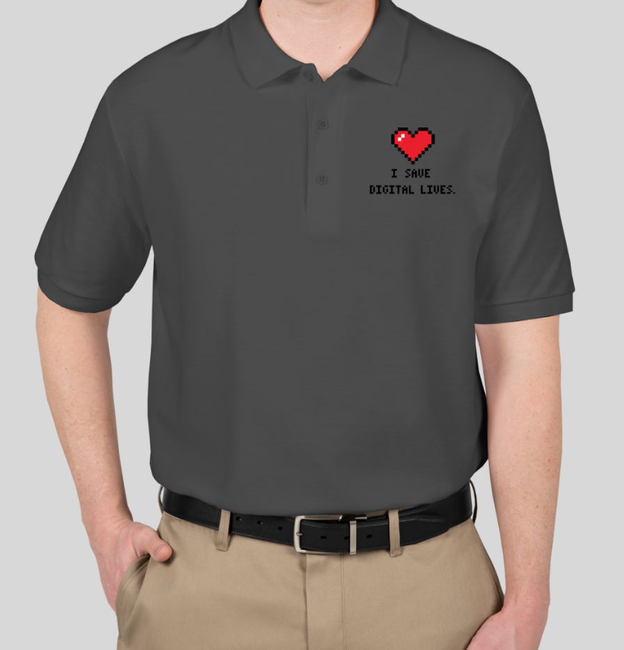 Dark polo with I save digital lives patch on the upper left chest